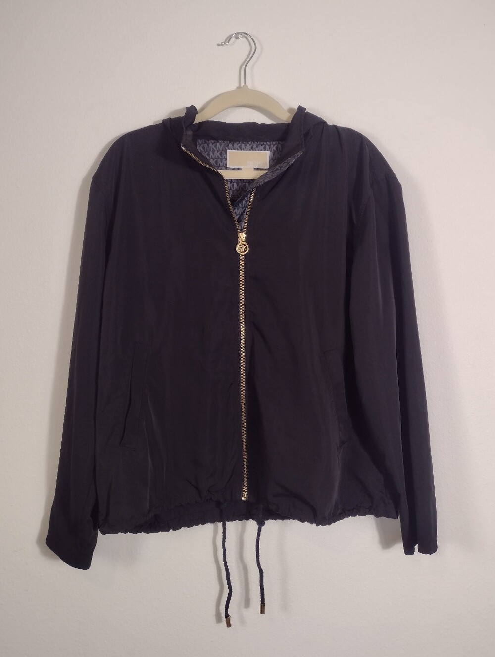 Michael Kors Black Hooded Drawstring Zip Up Windbreaker Jacket Women's Large